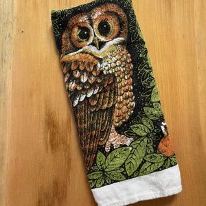 Vtg Lois Lang Owls and Friends in a Tree Tea Towel, Handprinted by Kay Dee